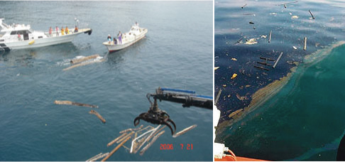 海上の流木回収作業・衝突事故により流出した油